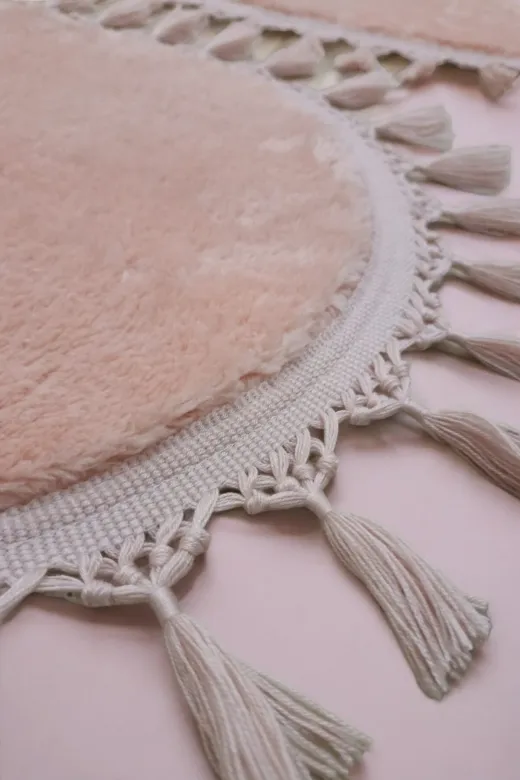 ALTUN CARPET POSTHJBUYHN 2 Li Pembe Pelüş Ponpon Saçakli Kaymaz Banyo Paspasi 50X80+40X50