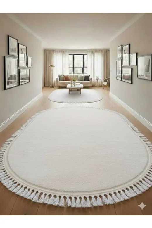 ALTUN CARPET SERDTFYGUHIJKOÖ Modern 300Cm + Oval Kirem Post Pelüş Ponpon Saçakli Kaymaz Taban Hali 12Ml Hav 2Cm Kalinlik