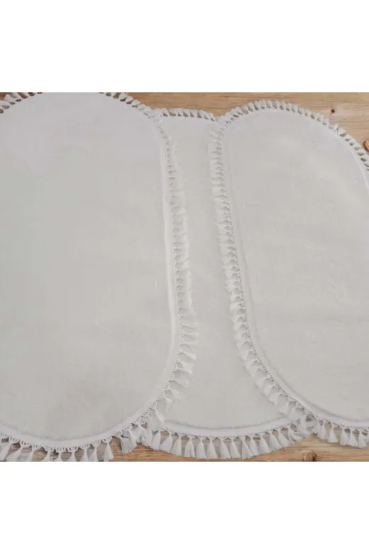 ALTUN CARPET setvgbhjkll 3Lü Set Kırem Pelüş Halı Post Halı Ponpon Saçaklı Modern 1 Adet 100X100+2 Adet 50X100