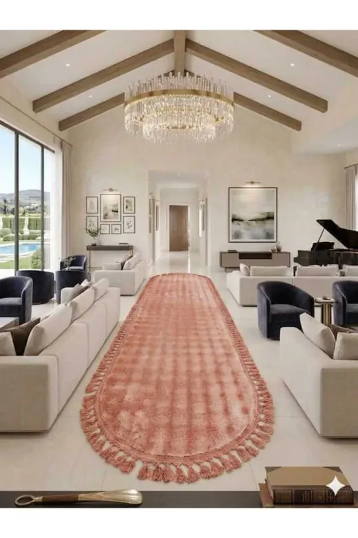 ALTUN CARPET SGFDHFGJUH Oval Modern Yavru Ağzi Pembe Pelüş Salon Koridor Halisi Kaymaz Ponpon Saçakli 13Ml Hav 2.2 Kalinlik
