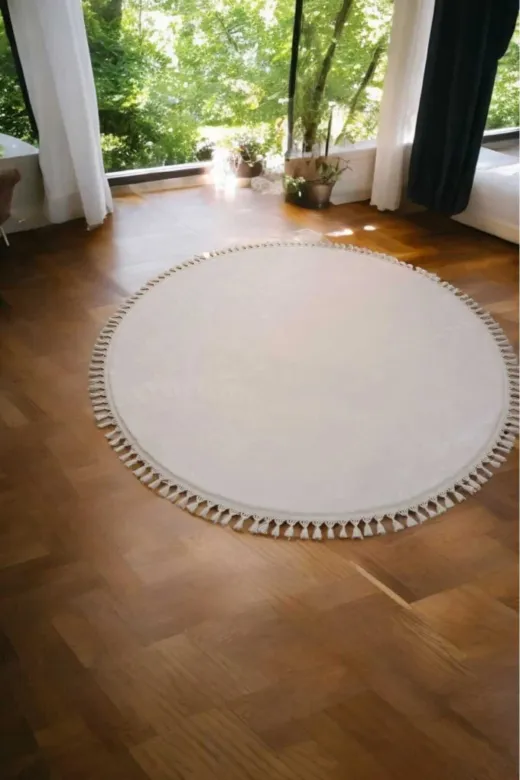 ALTUN CARPET trdtr5t78j Kar Beyaz Ponpon Saçaklı Yuvarlak Oval Yatak Odası Seti 1 Adet150X150+2 Adet