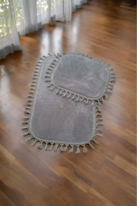 ALTUN CARPET trtedy6tu7yhj 2Li Kırem+6 Renk Mevcut Banyo Paspası Post Pelüş Ponpon Saçaklı Kaymaz Halı 50X80+40X50