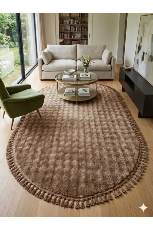 ALTUN CARPET TRYFIJK Oval Babil Model Açik Kahve Ponpon Saçakli Kaymaz Taban Hali 13 Ml Hav 2.2 Kalinlik
