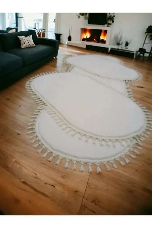 ALTUN CARPET TYCCE3F1E737EF6642 3Lü Kırem Modern Post Pelüş Kaymaz Ponpon Saçaklı Yatak Odası Takımı 2 Adet 80*150 1 Adet 80*300 /