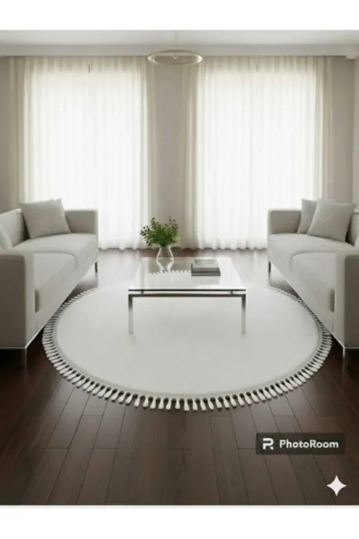 ALTUN CARPET YUVARLHUGYFTF Modern Kar Beyaz  Yuvarlak  Ponpon Saçakli Post Pelüş Kaymaz Taban Hali