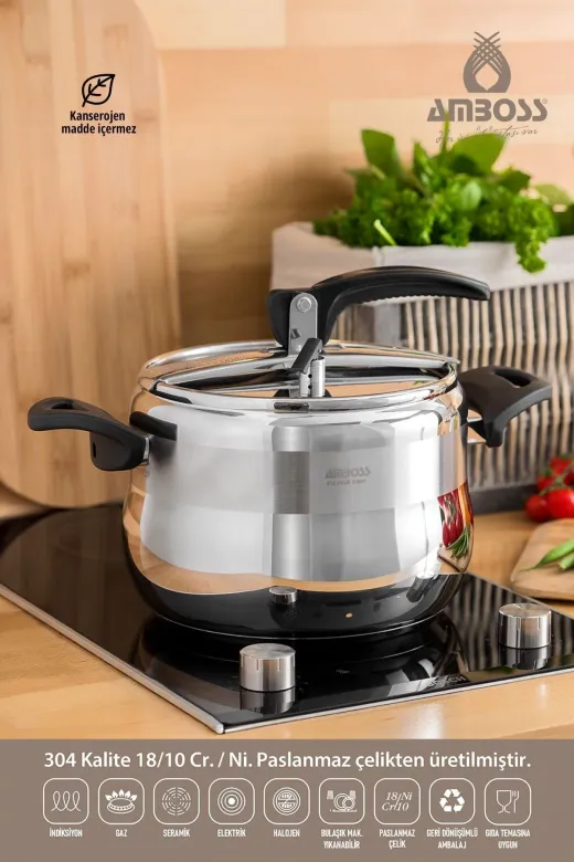 Amboss AMB-4509 Amber Klasik Paslanmaz Çelik Düdüklü Tencere - Siyah Kulp - 6 Lt. 22 Cm