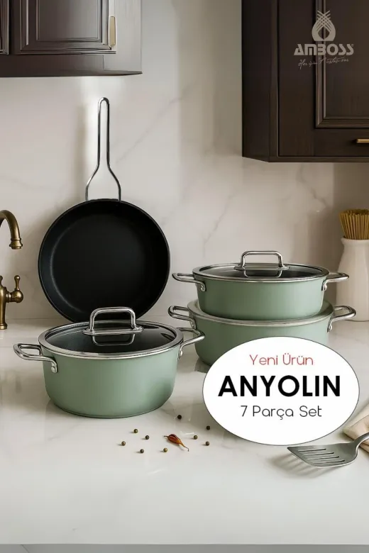 Amboss ANY-2377 Anyolin 7 Parça Titanyum Kaplama Tencere Tava Seti (Yeşil)