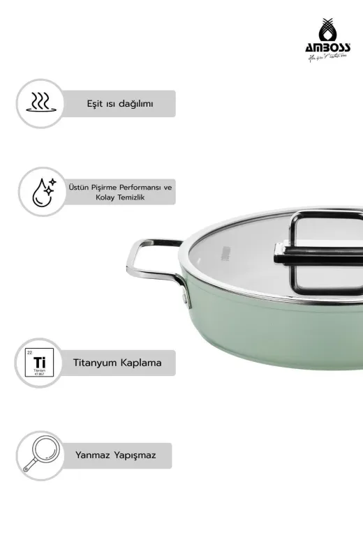 Amboss ANY-2377 Anyolin 7 Parça Titanyum Kaplama Tencere Tava Seti (Yeşil)