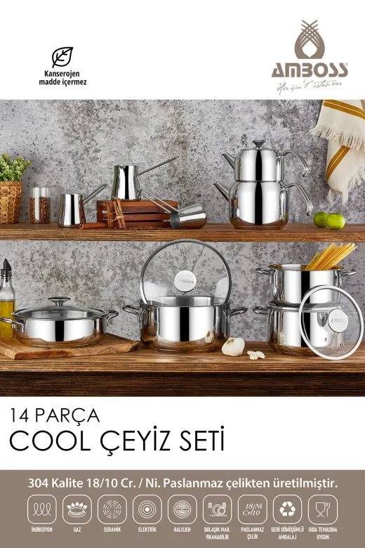Amboss coo-0243 Cool 14 Parça Paslanmaz Çelik İndüksiyon Tabanlı Çeyiz Seti