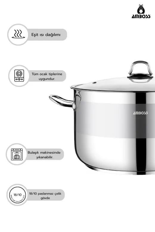 Amboss SAP-4288 Saphire Paslanmaz Çelik 34 Cm Cam Kapaklı Derin Tencere