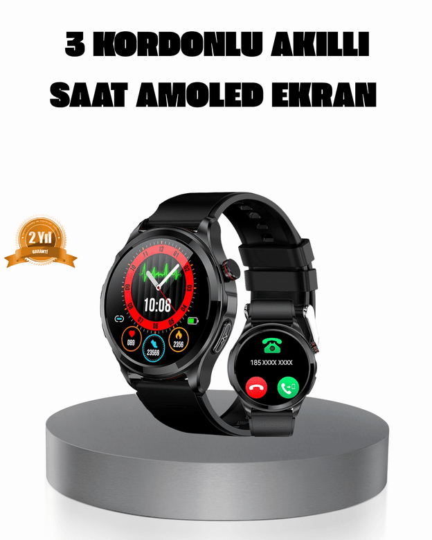 AMOLED Ekranlı Smartwatch – 3 Kordonlu, Kalp Atış &amp; Uyku Takipli Akıllı Saat