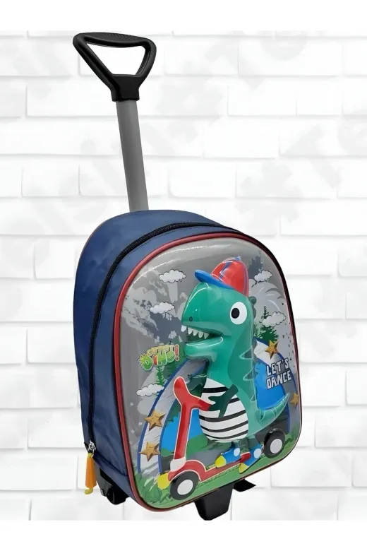 Anaokulu Kreş Dinozor Dino Karakter Çekçekli Tekerli 5D Kabartma Baskı Okul Çantası Sırt Çantası
