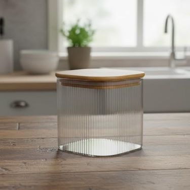 Anda 57855210125336780184975 Bambu Kapaklı Kare Cam Saklama Kavanozu 10X10 Cm - Vakum Kapaklı Şeffaf Erzak Kabı Ve Mutfak Düzenleyici Organizatör 7009