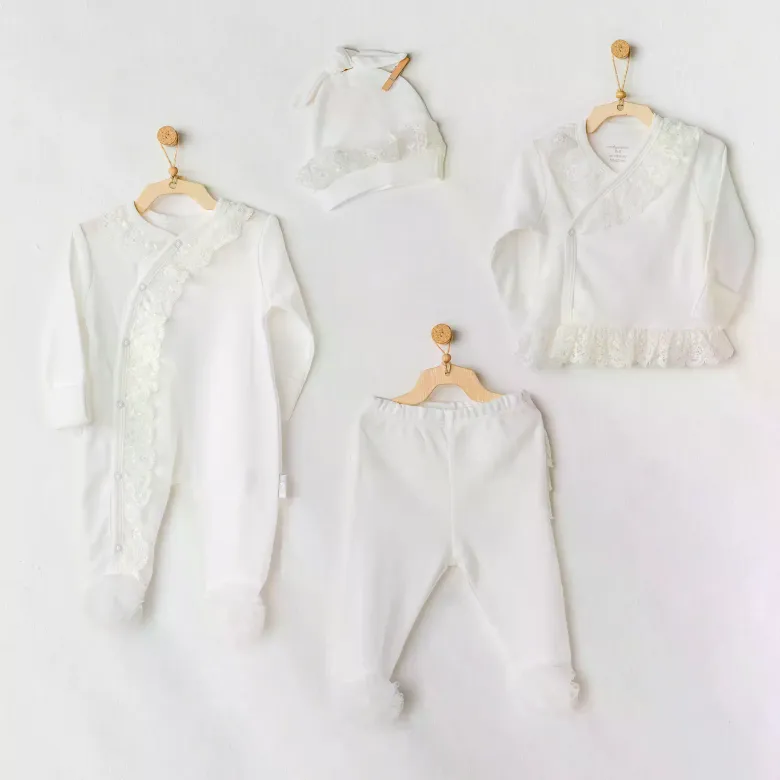 Andywawa AC25312 Newborn Chic Girl Tüllü 4'Lü Hastane Çıkışı Ekru