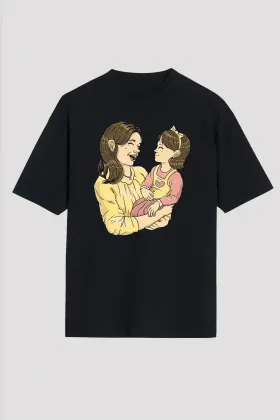 Anneler Günü Hediye Anne Kız Temalı Baskılı Oversize Bisiklet Yaka T-shirt - Siyah - M - Siyah