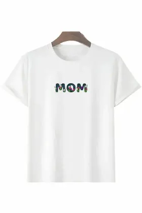 Anneler Günü Hediye Mom Çiçek Baskılı Oversize Bisiklet Yaka T-shirt - Beyaz - XL - Beyaz