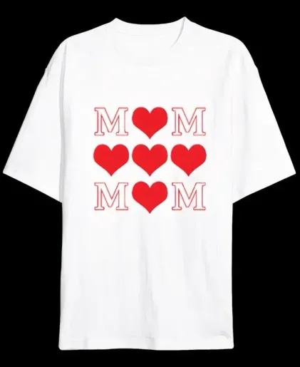 Anneler Günü Hediye MOM Kalp Baskılı Oversize Bisiklet Yaka T-shirt - Beyaz - S - Beyaz