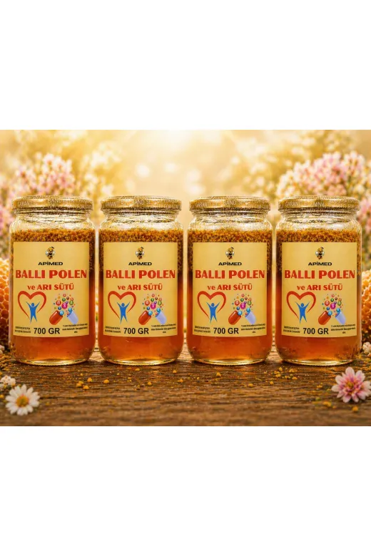 APİMED FDHNDGH2352 Ballı Polen Ve Arı Sütü 4*700Gr – %100 Doğal Arı Ürünleri Karışımı | Energy Booster, , Royal Jelly & Bee Pollen Mix