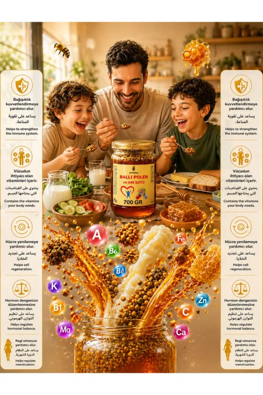 APİMED FDHNDGH2352 Ballı Polen Ve Arı Sütü 4*700Gr – %100 Doğal Arı Ürünleri Karışımı | Energy Booster, , Royal Jelly & Bee Pollen Mix