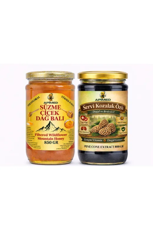 APİMED gfdgd53252 Servi Kozalak Özü 800 Gr Ve Süzme Çiçek Balı 850Gr Harika Fırsat Ekonomik Set