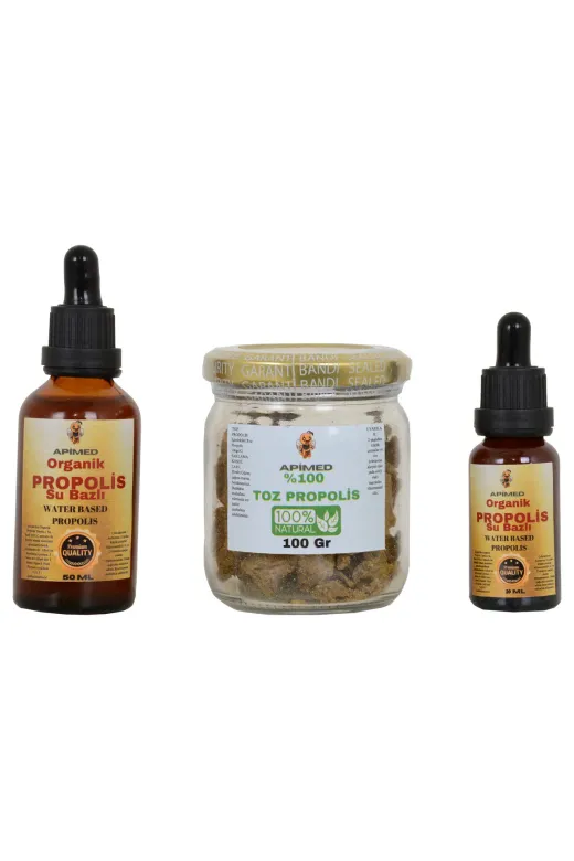 APİMED HHJH78 Muhteşem Propolis Seti Propolis Su Bazli(20Ml)+Toz Propolis(100Gr)+Propolis Su Bazli(50Ml)