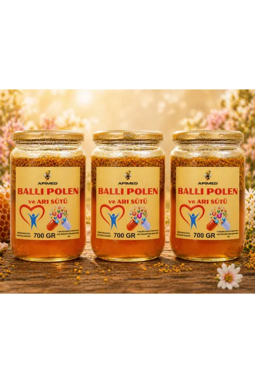 APİMED SFDHBS252352 Ballı Polen Ve Arı Sütü 3*700Gr – %100 Doğal Arı Ürünleri Karışımı | Energy Booster, , Royal Jelly & Bee Pollen Mix