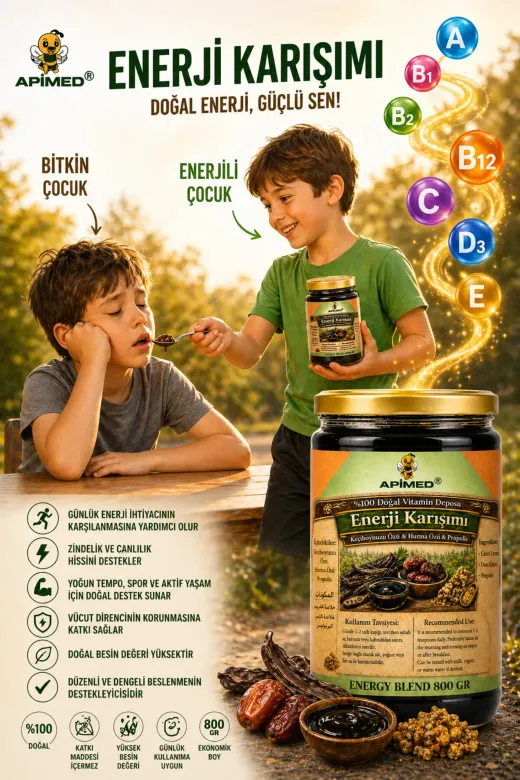 APİMED SGDS2352 Enerji Karışımı 800 Gr – Keçiboynuzu Özü, Hurma Özü Ve Propolis İçeren Doğal Enerji Macunu | %100 Katkısız Bitkisel Karışım