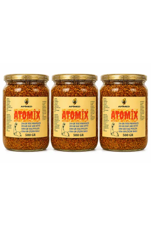 APİMED XBZDW532 Yeni Atomix Honey Mix 3*500G | Royal Jelly + Propolis + Fresh Bee Pollen + Natural Honey