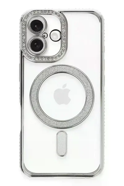 Apple iPhone 16 Plus Kılıf Joke Simli Magneticsafe Kılıf - Gümüş