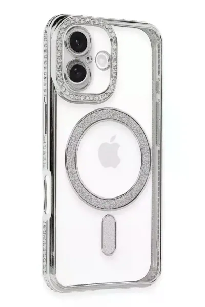 Apple iPhone 16 Plus Kılıf Joke Simli Magneticsafe Kılıf - Gümüş