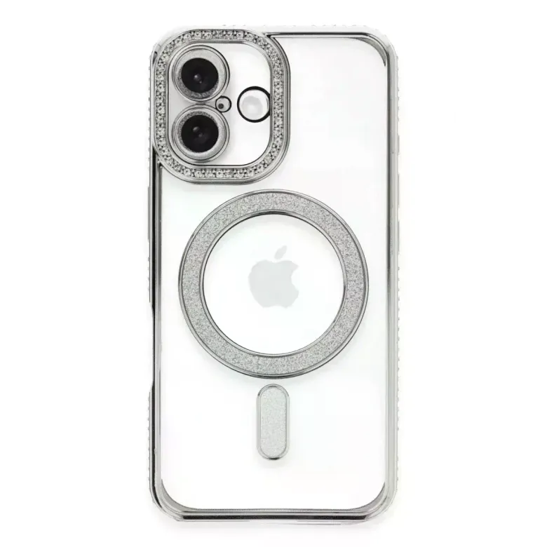 Apple iPhone 16 Plus Kılıf Joke Simli Magneticsafe Kılıf - Gümüş