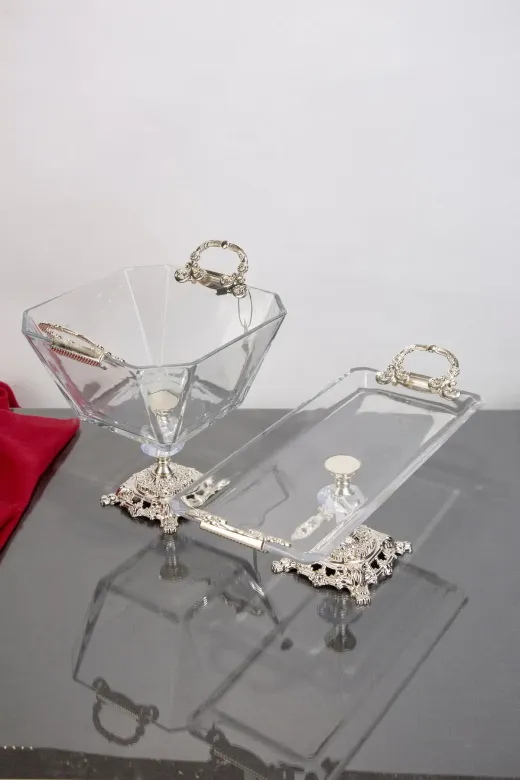 ARGKRİSTAL 100058 2Li Sicak Soğuk Kulplu Servis Seti Gümüş Detayli Metal Ayakli Lüx Set 19X19X21 Kare Ve 34X14X16