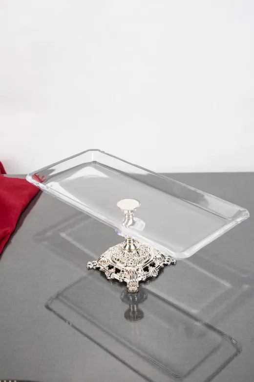 ARGKRİSTAL 100063 Nude Gümüş Detayli Dikdörtgen Tepsi Servis Sunum Tepsisi 30X14X15 Cm