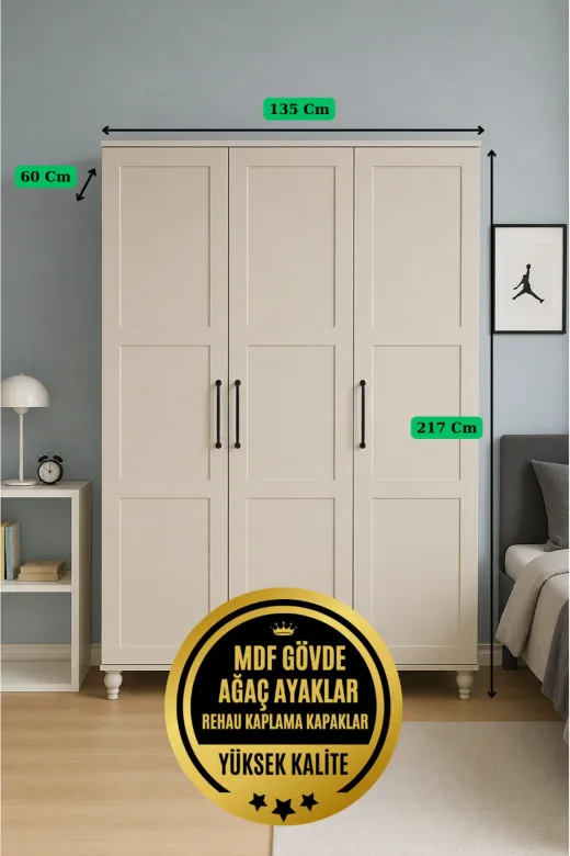 arionkids ALN3KPKLDLP Alin 3 Kapaklı Mdf Dolap | Rehau Kaplama Kapaklar | Ağaç Ayaklar | Yüksek Kalite