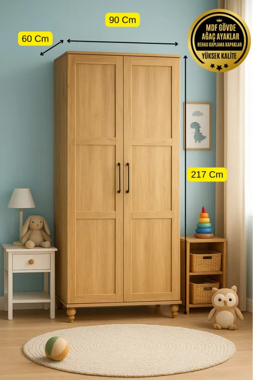 arionkids ARIONDLP117 Alin Wood Dolap 2 Kapaklı-Çekmeceli | %100 Mdf | Rehau Kaplama Kapaklar | Çekmeceli | Ağaç Ayaklı