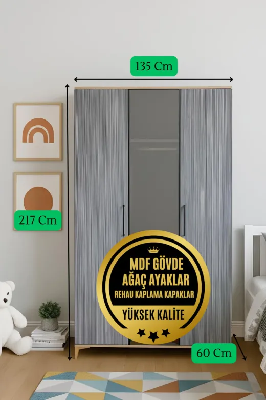 arionkids ARIONDLP38 Ege 3 Kapaklı Çekmeceli Genç Odası Dolabı| %100 Mdf Kalitesi | Rehau Kapaklı | Ağaç Ayaklı