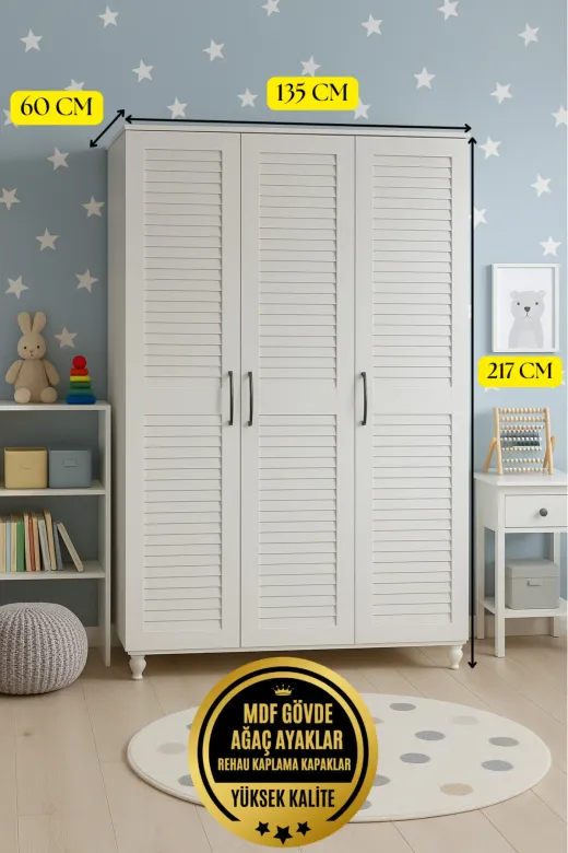 arionkids ARIONDLP47 Pera 3 Kapaklı Çekmeceli Dolap | %100 Mdf | Rehau Kapaklı | Çekmeceli | Ağaç Ayaklı | Panjur Kapaklı