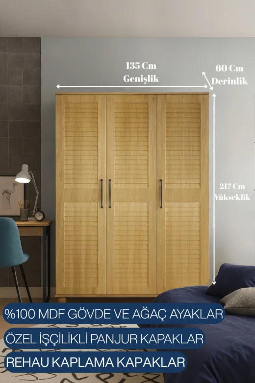 arionkids ARIONDLP70 Pera Wood Dolap 3 Kapaklı | %100 Mdf | Rehau Kapaklı | Ağaç Ayaklı | Panjur Kapaklı