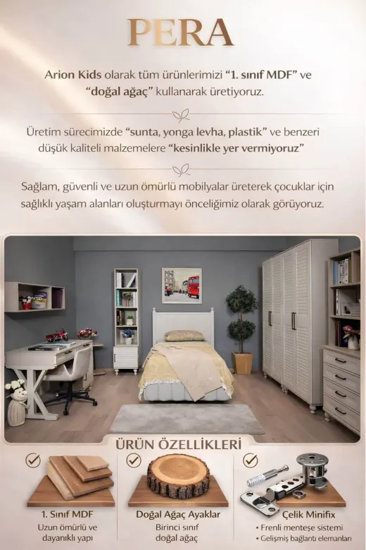 arionkids ARIONKIDS-KTPLK21 Pera Komodin & Kitaplık Set | %100 Mdf | Panjur Dokulu | Rehau Kaplama Kapaklar | Ağaç Ayaklar