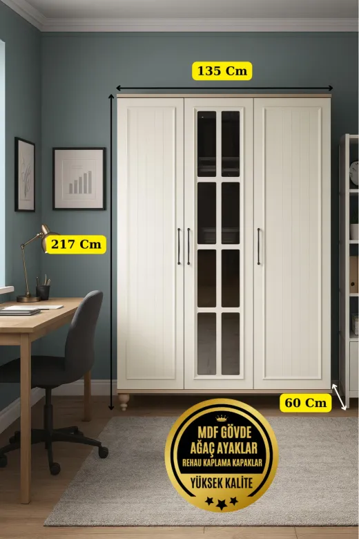arionkids TYCA1CCCD86765FDB60DEE000 Nefes 3 Kapaklı Çocuk Odası Dolabı | %100 Mdf | Rehau Kapaklı | Çekmeceli | Ağaç Ayaklı