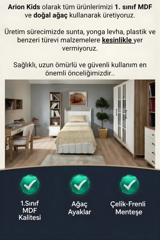 arionkids TYCA1CCCD86765FDB60DEE000 Nefes 3 Kapaklı Çocuk Odası Dolabı | %100 Mdf | Rehau Kapaklı | Çekmeceli | Ağaç Ayaklı