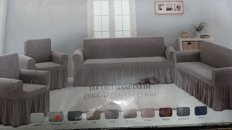 Arlisa jakarlı Kare Cizgili Etekli Maksi Koltuk Örtüsü 3+3+1+1 Pudra