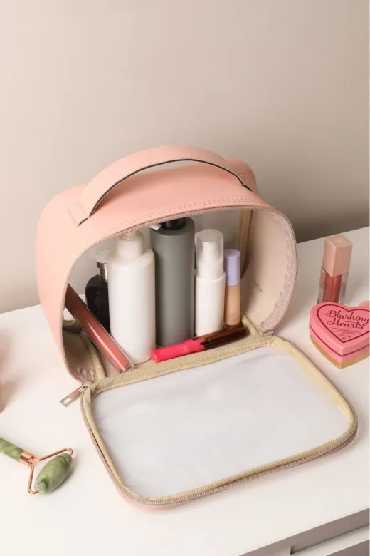 Arnee Deri Makyaj Çantası Kadın Pembe Deri Şeffaf Kozmetik Çantası Seyahat Makyaj Çantası