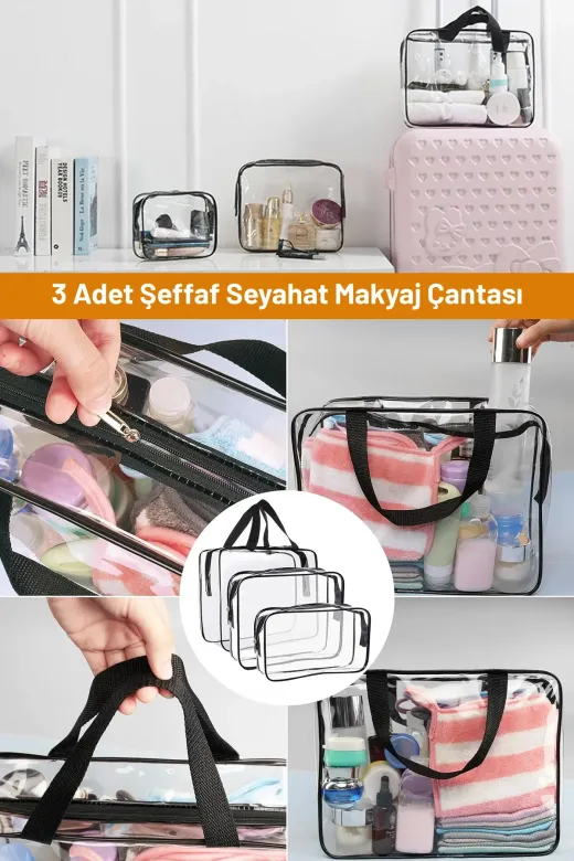 Arnee Şeffaf Makyaj Çantası xl2 Kadın Erkek 3 Adet Şeffaf Seyahat Makyaj Çantası