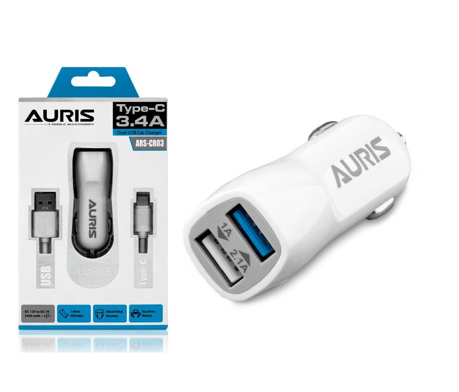 ARSCR03 Auris Ars-Cr03 3.1A Hızlı Type-C Kablo 2 Usb Girişli Araç Oto Şarj Başlığı Çakmaklık Typec 3.1 Amper