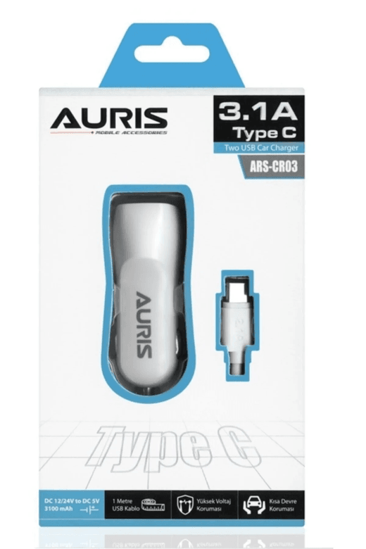 ARSCR03 Auris Ars-Cr03 3.1A Hızlı Type-C Kablo 2 Usb Girişli Araç Oto Şarj Başlığı Çakmaklık Typec 3.1 Amper