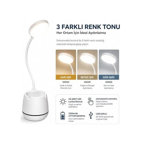 ART 57855210124242280184975 Masa Lambası Şarjlı Dokunmatik 24 Led Li, 3 Renk Modlu Ayarlanabilir Işık, Usb Şarjlı, Esnek Gövde, Modern Masa Ve Gece Lambası .
