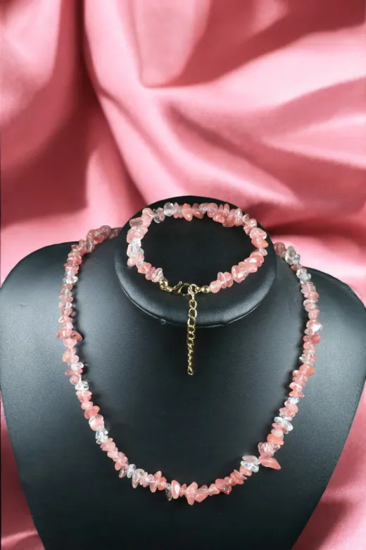 ART LİFE DOĞALTAŞ Natural Stones artlıfedoğaltaş600284 Gül Kuvars Bileklik Gül Kuvars Kolye Bileklik Seti Çelik Tel Çelik Klips Çelik Halka Çelik Zincir