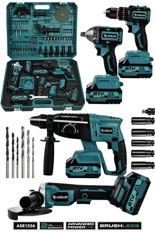ASR1256 Assur 21V 4'lü Set Taşlama - Somun Sıkma Sökme - Akülü Vidalama - Kırıcı Delici Hilti