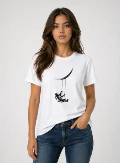 Astronot Ay Temalı Tişört Kısa Kol Yazlık Bisiklet Yaka T-Shirt - Beyaz - M - Beyaz